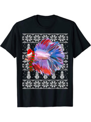 Fish Xmas Santa Hat Betta Fish Ugly Christmas T-Shirt 180G 100% Cotton Printed Round Neck Short-Sleeve T-Shirt, Gifts for Men Dad Husband Grandpa, S-XXXL, Black
