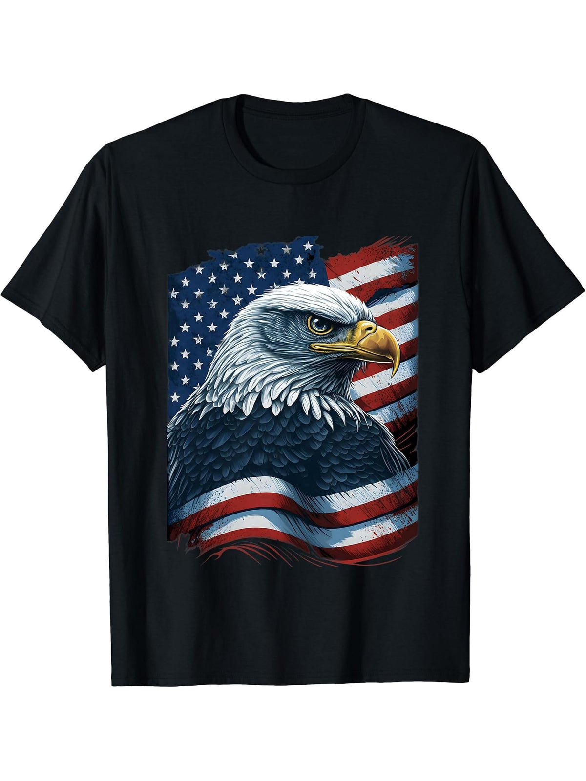 Bald Eagle Proud Patriotic American US Flag 4th Of July T-Shirt 180G 100% Cotton Printed Round Neck Short-Sleeve T-Shirt, Gifts for Men Dad Husband Grandpa, S-XXXL, Black