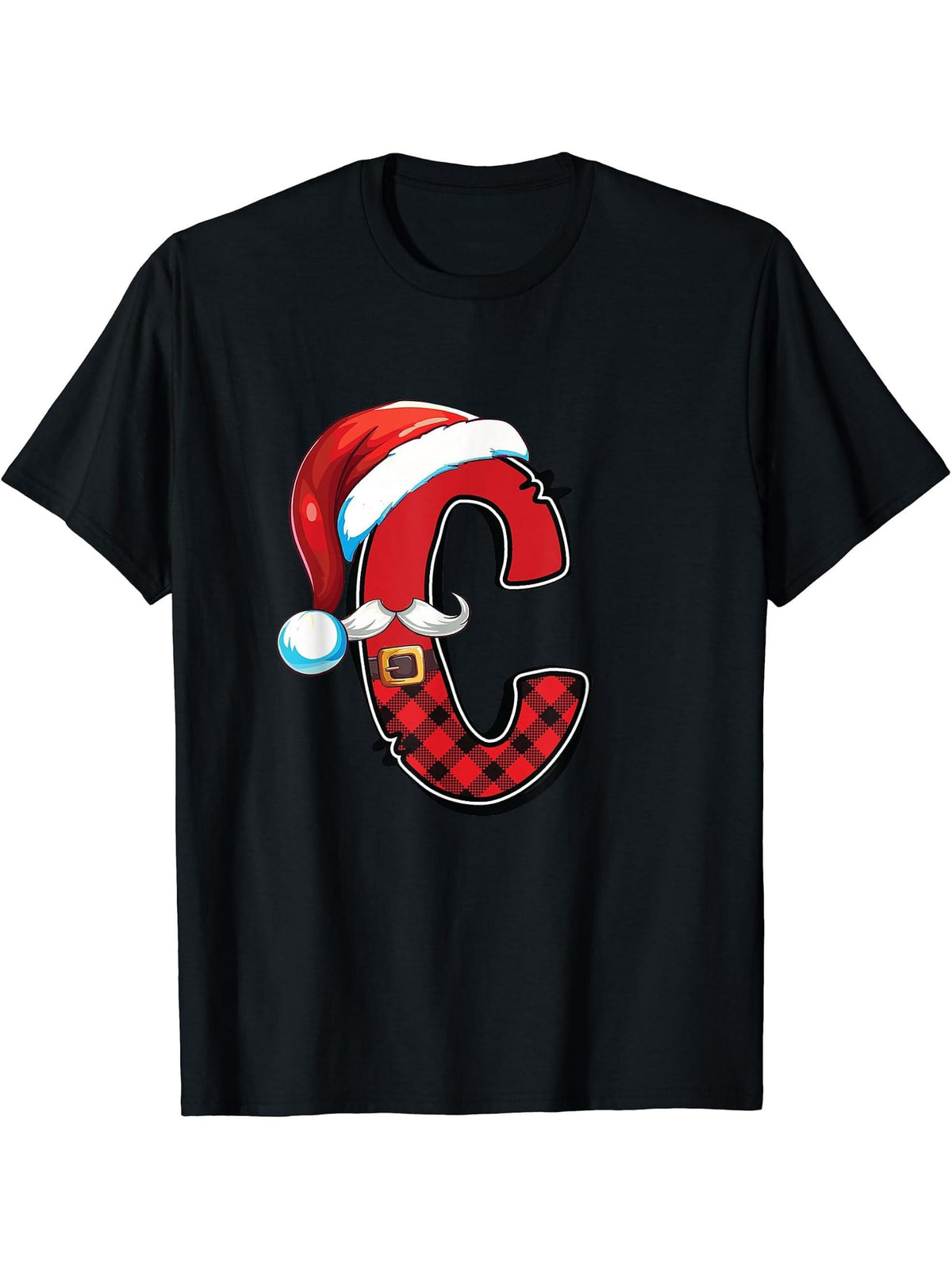 Letter C Initial Name Plaid Santa Hat Christmas T-Shirt 180G 100% Cotton Printed Round Neck Short-Sleeve T-Shirt, Gifts for Men Dad Husband Grandpa, S-XXXL, Black