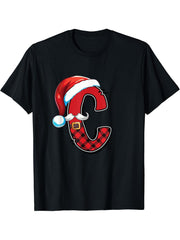 Letter C Initial Name Plaid Santa Hat Christmas T-Shirt 180G 100% Cotton Printed Round Neck Short-Sleeve T-Shirt, Gifts for Men Dad Husband Grandpa, S-XXXL, Black