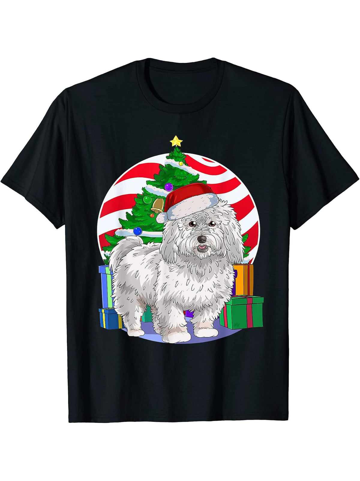 Coton De Tulear Santa Christmas Tree Decor T-Shirt 180G 100% Cotton Printed Round Neck Short-Sleeve T-Shirt, Gifts for Men Dad Husband Grandpa, S-XXXL, Black