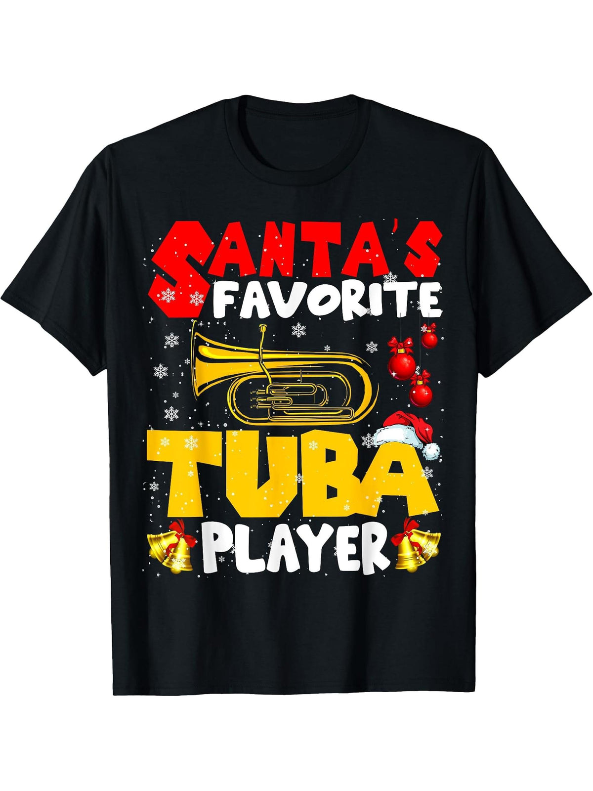 Santa's Favorite Tuba Player Xmas Santa Musical Instrument T-Shirt 180G 100% Cotton Printed Round Neck Short-Sleeve T-Shirt, Gifts for Men Dad Husband Grandpa, S-XXXL, Black