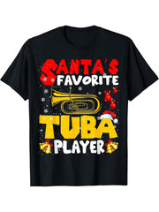 Santa's Favorite Tuba Player Xmas Santa Musical Instrument T-Shirt 180G 100% Cotton Printed Round Neck Short-Sleeve T-Shirt, Gifts for Men Dad Husband Grandpa, S-XXXL, Black