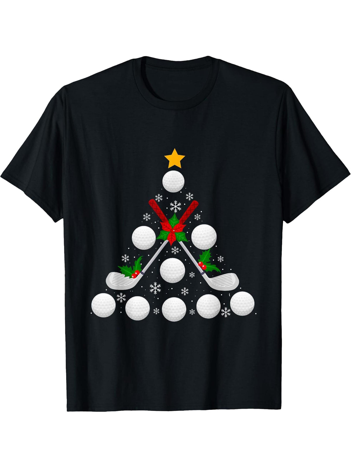 Boy Girl Men Women Funny Golf Santa Hat Christmas Tree Golfer T-Shirt 180G 100% Cotton Printed Round Neck Short-Sleeve T-Shirt, Gifts for Men Dad Husband Grandpa, S-XXXL, Black