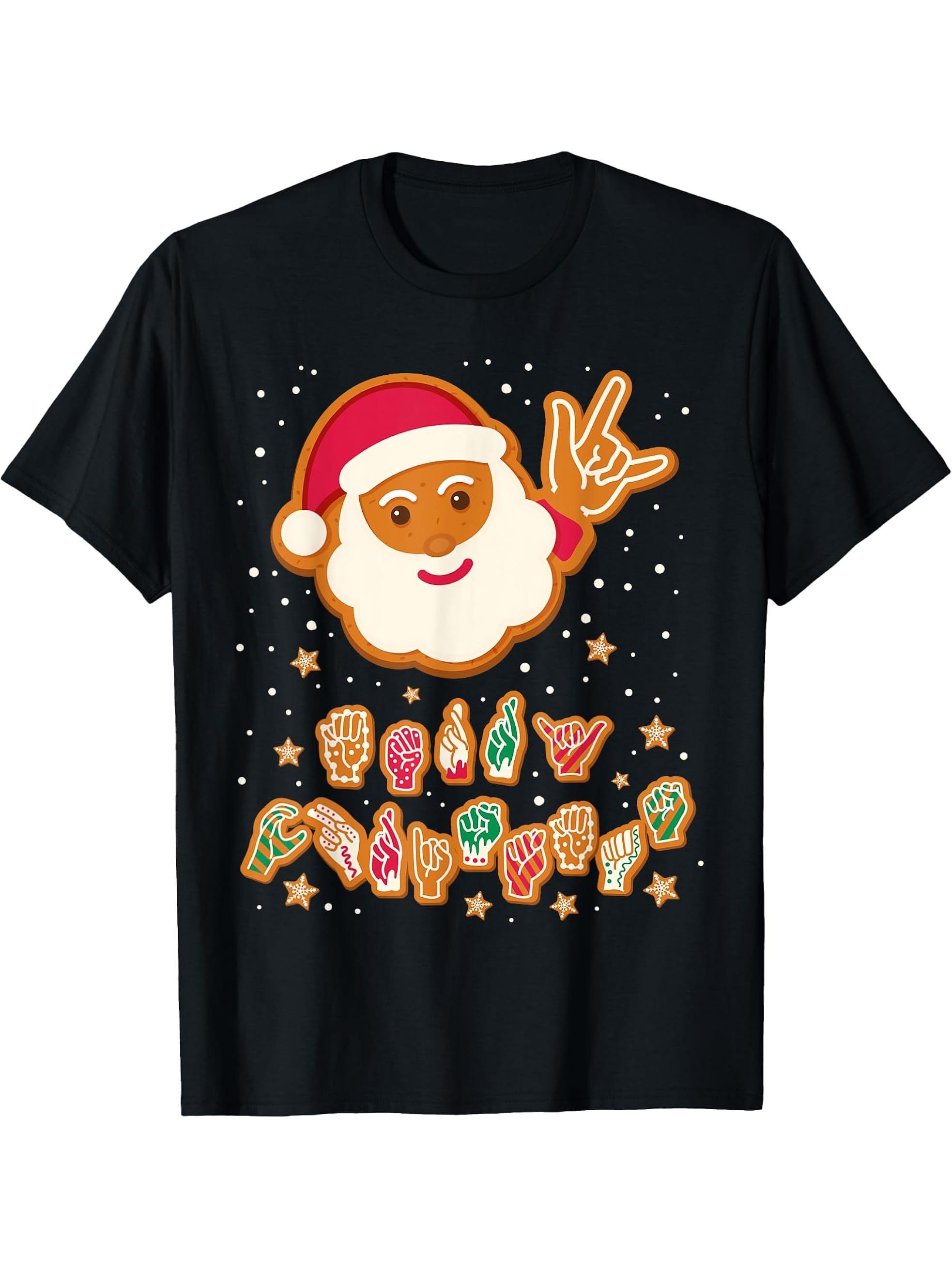 ASL Christmas Santa Signing Merry Christmas Sign Language T-Shirt 180G 100% Cotton Printed Round Neck Short-Sleeve T-Shirt, Gifts for Men Dad Husband Grandpa, S-XXXL, Black