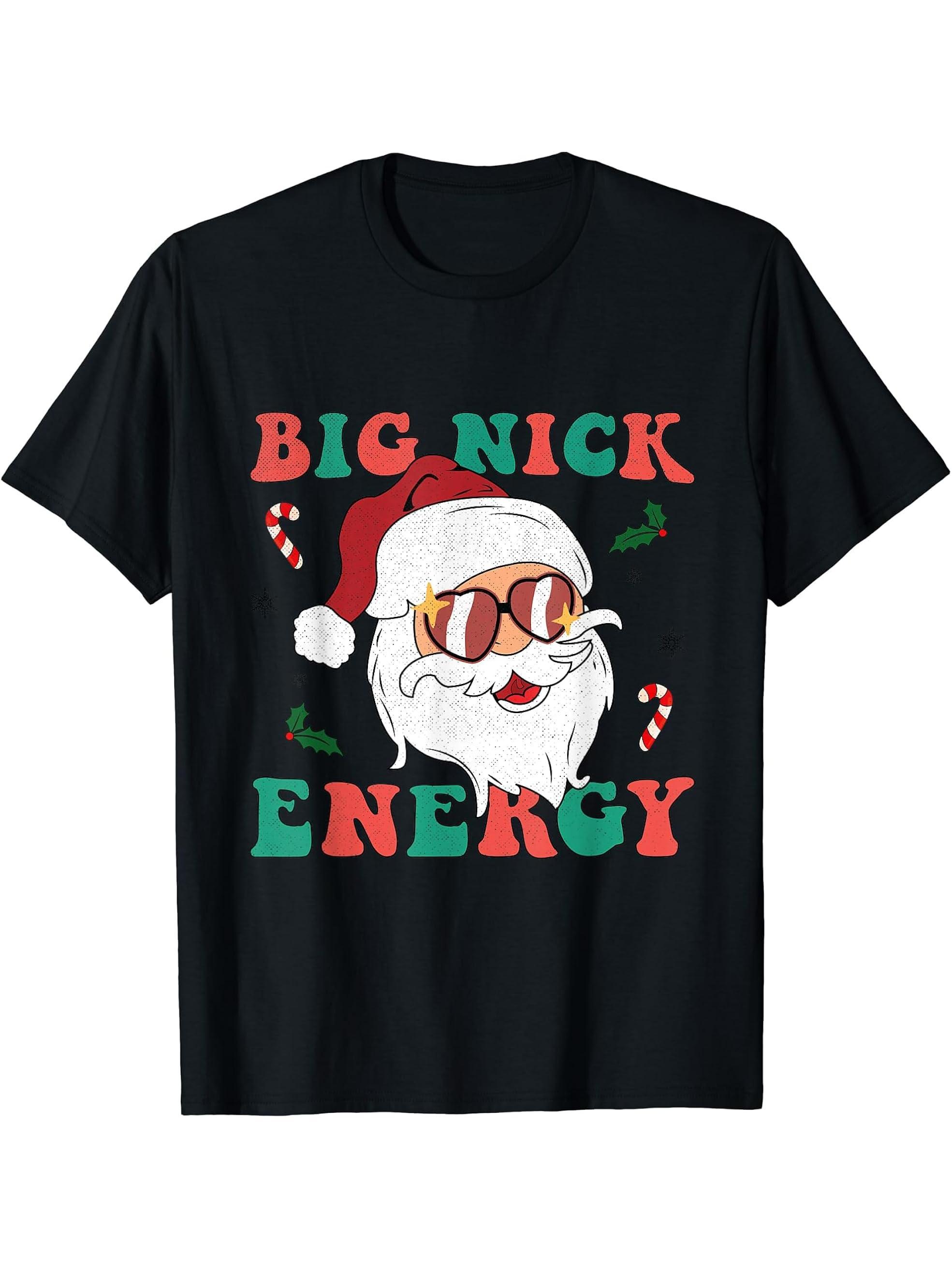 Big Nick Energy Funny Santa Claus Holiday Christmas T-Shirt 180G 100% Cotton Printed Round Neck Short-Sleeve T-Shirt, Gifts for Men Dad Husband Grandpa, S-XXXL, Black