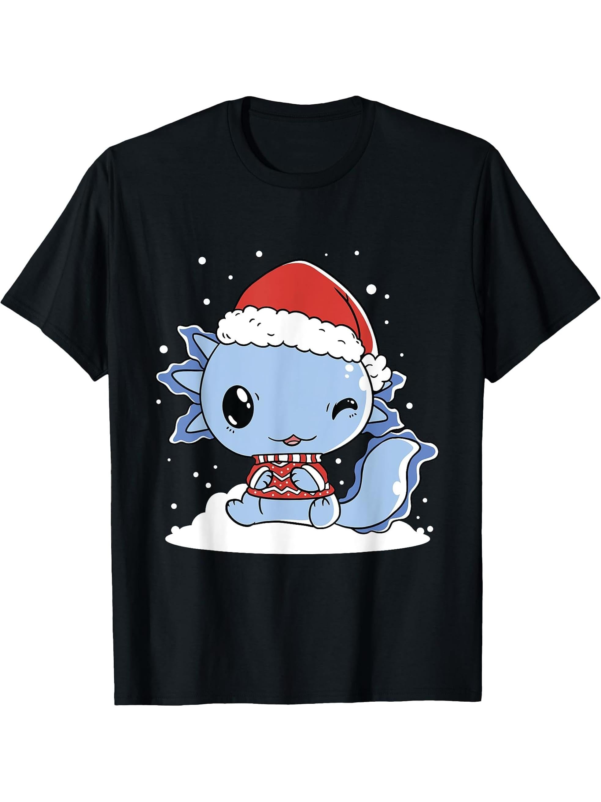 Axolotl Santa Hat Christmas Pajama Cute Animal Winter X-Mas T-Shirt 180G 100% Cotton Printed Round Neck Short-Sleeve T-Shirt, Gifts for Men Dad Husband Grandpa, S-XXXL, Black