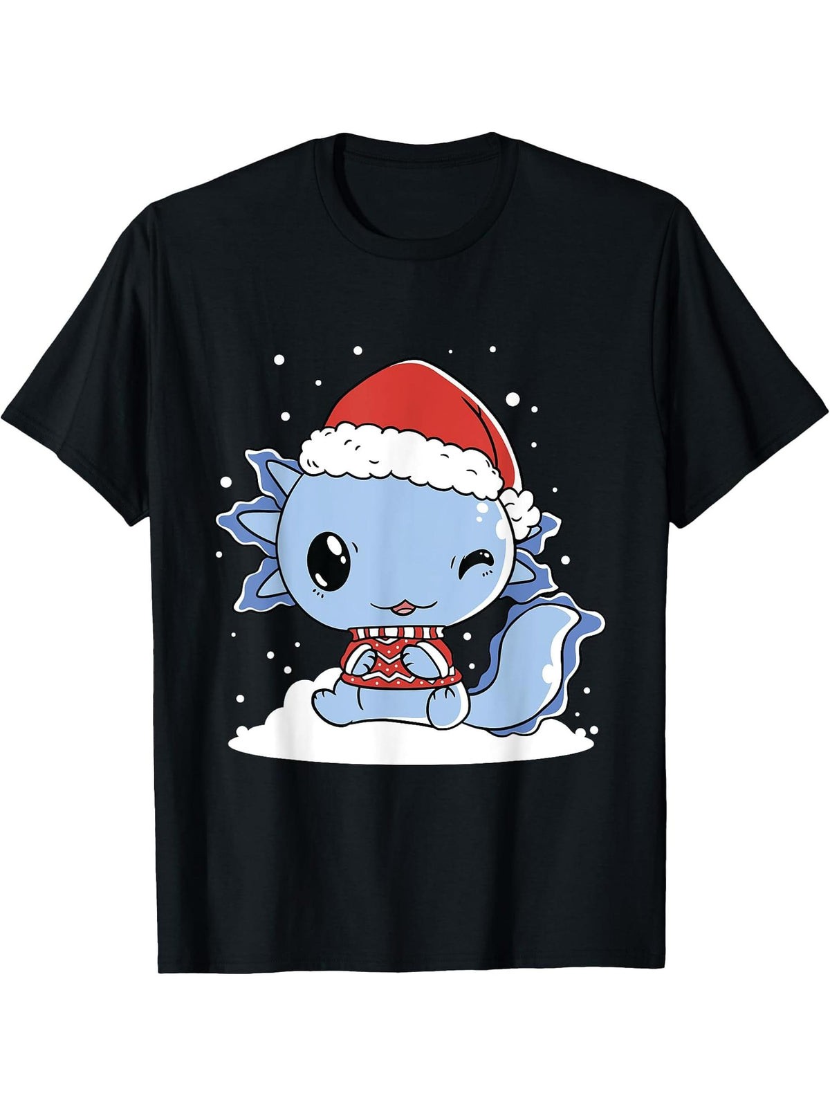 Axolotl Santa Hat Christmas Pajama Cute Animal Winter X-Mas T-Shirt 180G 100% Cotton Printed Round Neck Short-Sleeve T-Shirt, Gifts for Men Dad Husband Grandpa, S-XXXL, Black