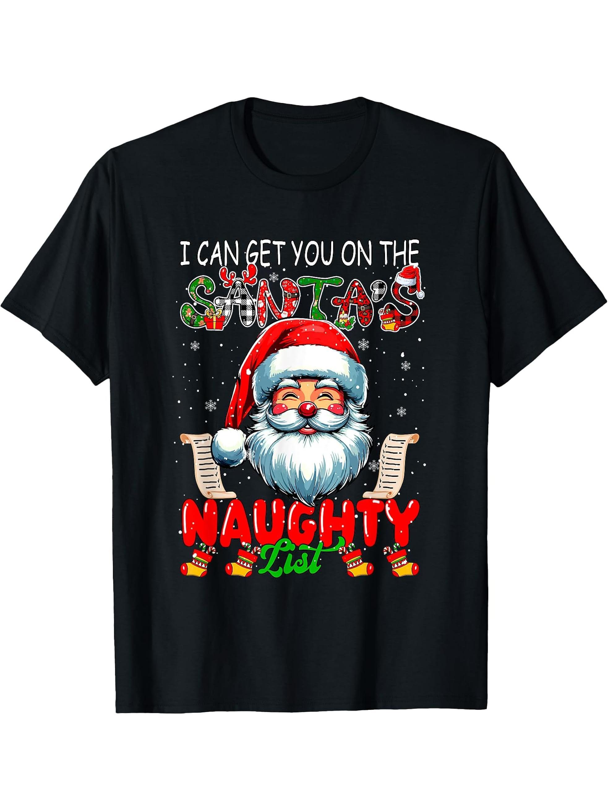 I Can Get You On Santa's Naughty List Christmas Santa Face T-Shirt 180G 100% Cotton Printed Round Neck Short-Sleeve T-Shirt, Gifts for Men Dad Husband Grandpa, S-XXXL, Black
