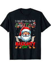 I Can Get You On Santa's Naughty List Christmas Santa Face T-Shirt 180G 100% Cotton Printed Round Neck Short-Sleeve T-Shirt, Gifts for Men Dad Husband Grandpa, S-XXXL, Black