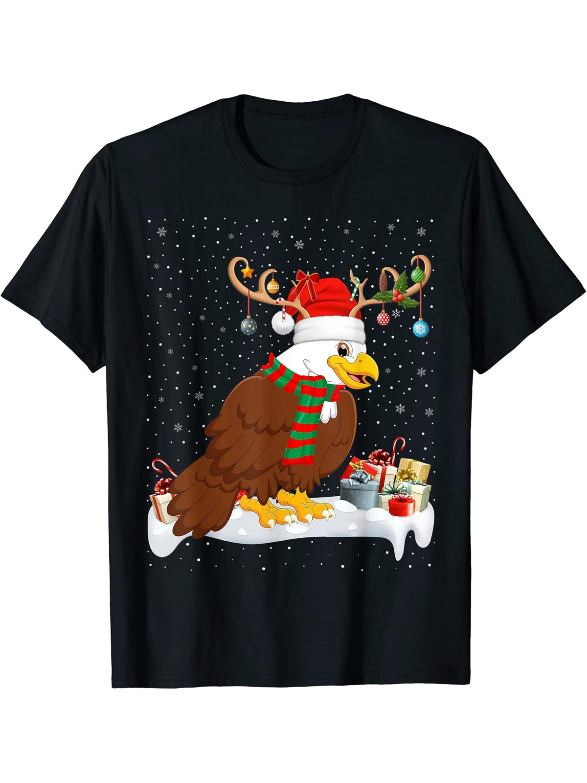 Funny Xmas Lighting Reindeer Santa Hat Bald Eagle Christmas T-Shirt 180G 100% Cotton Printed Round Neck Short-Sleeve T-Shirt, Gifts for Men Dad Husband Grandpa, S-XXXL, Black