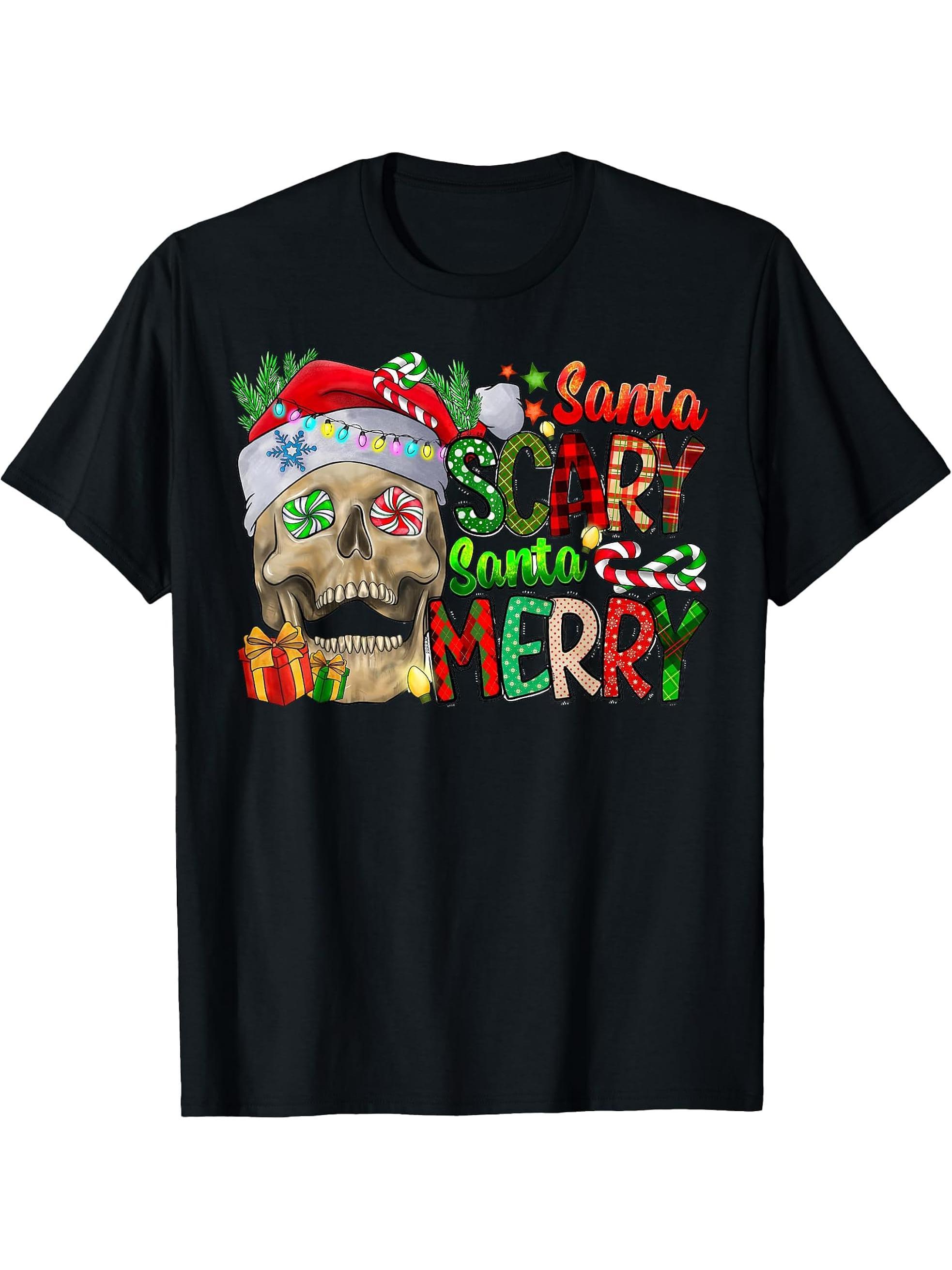 Skull Santa Scary Santa Merry Christmas Matching Family T-Shirt 180G 100% Cotton Printed Round Neck Short-Sleeve T-Shirt, Gifts for Men Dad Husband Grandpa, S-XXXL, Black