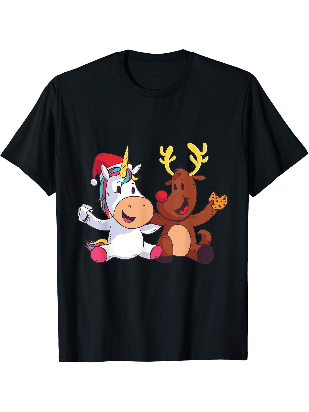 Reindeer Rudolph Christmas Ren Red Nosed Unicorn Gift T-Shirt 180G 100% Cotton Printed Round Neck Short-Sleeve T-Shirt, Gifts for Men Dad Husband Grandpa, S-XXXL, Black