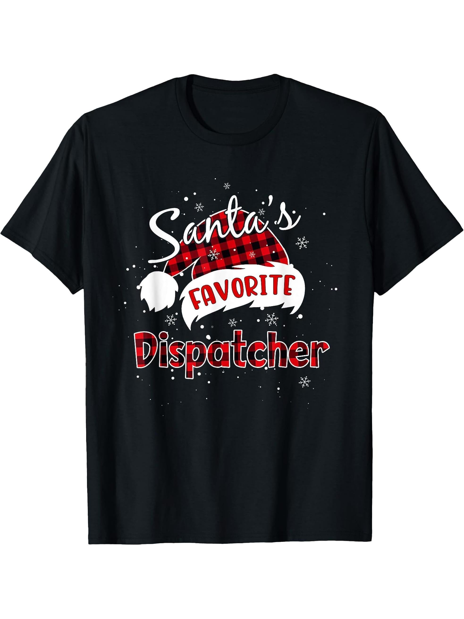 Funny Santa's Favorite Dispatcher Christmas Matching Pajama T-Shirt 180G 100% Cotton Printed Round Neck Short-Sleeve T-Shirt, Gifts for Men Dad Husband Grandpa, S-XXXL, Black