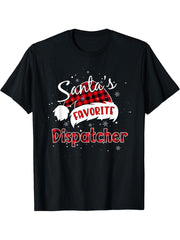Funny Santa's Favorite Dispatcher Christmas Matching Pajama T-Shirt 180G 100% Cotton Printed Round Neck Short-Sleeve T-Shirt, Gifts for Men Dad Husband Grandpa, S-XXXL, Black