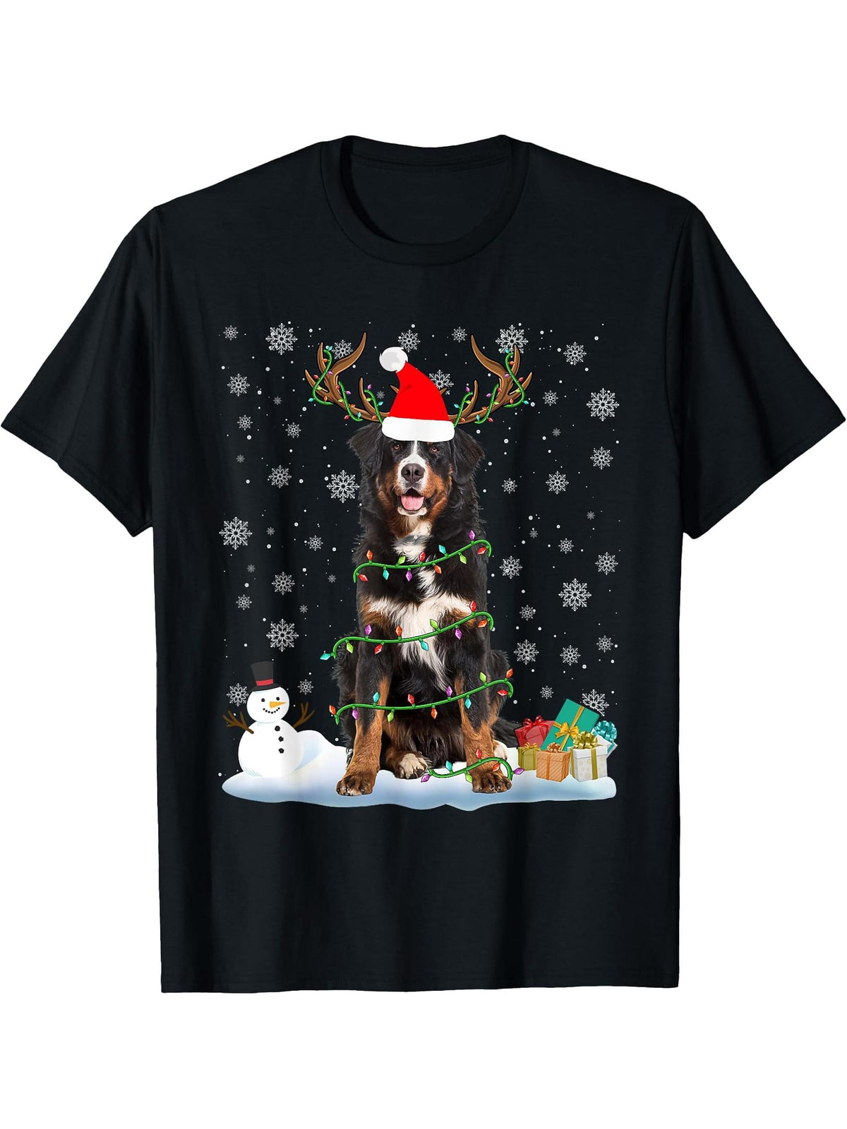 Bernese Mountain Santa Christmas Lights Dog Xmas Pajama T-Shirt 180G 100% Cotton Printed Round Neck Short-Sleeve T-Shirt, Gifts for Men Dad Husband Grandpa, S-XXXL, Black