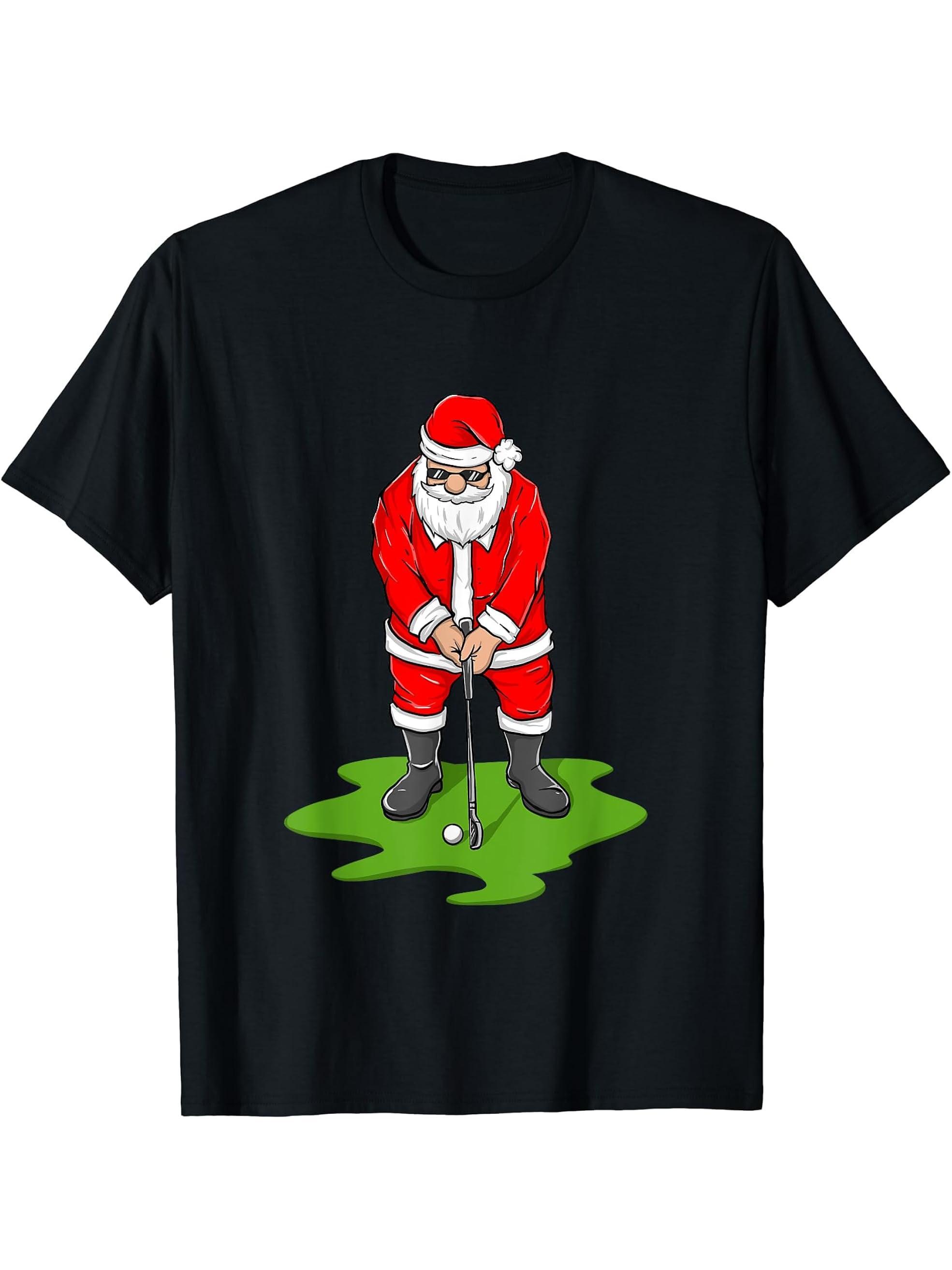 Santa Claus Playing Golf - Golf Lover Golfer Golfing T-Shirt 180G 100% Cotton Printed Round Neck Short-Sleeve T-Shirt, Gifts for Men Dad Husband Grandpa, S-XXXL, Black