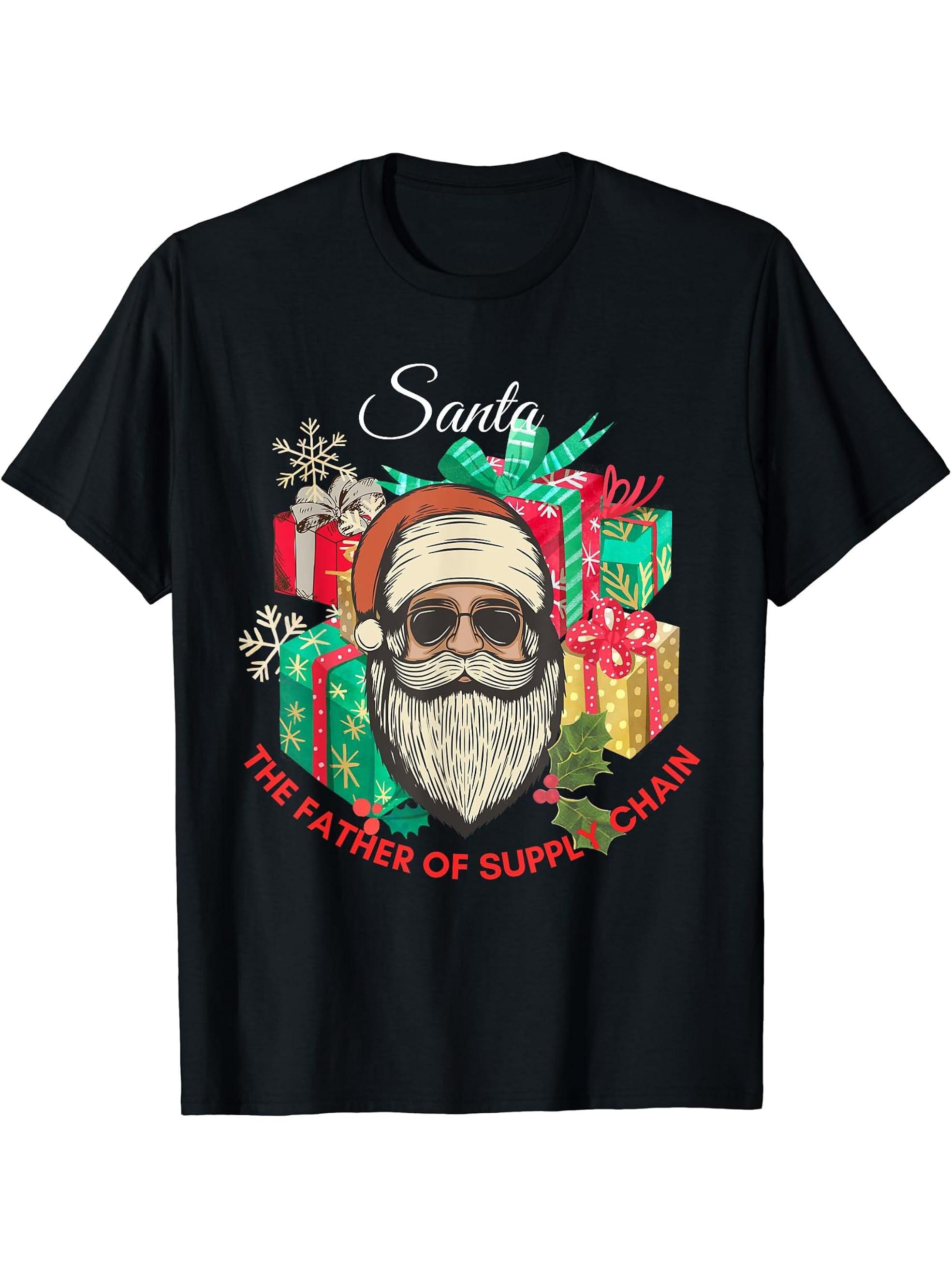 Santa, the father of supply chain, christmas supply chain T-Shirt 180G 100% Cotton Printed Round Neck Short-Sleeve T-Shirt, Gifts for Men Dad Husband Grandpa, S-XXXL, Black