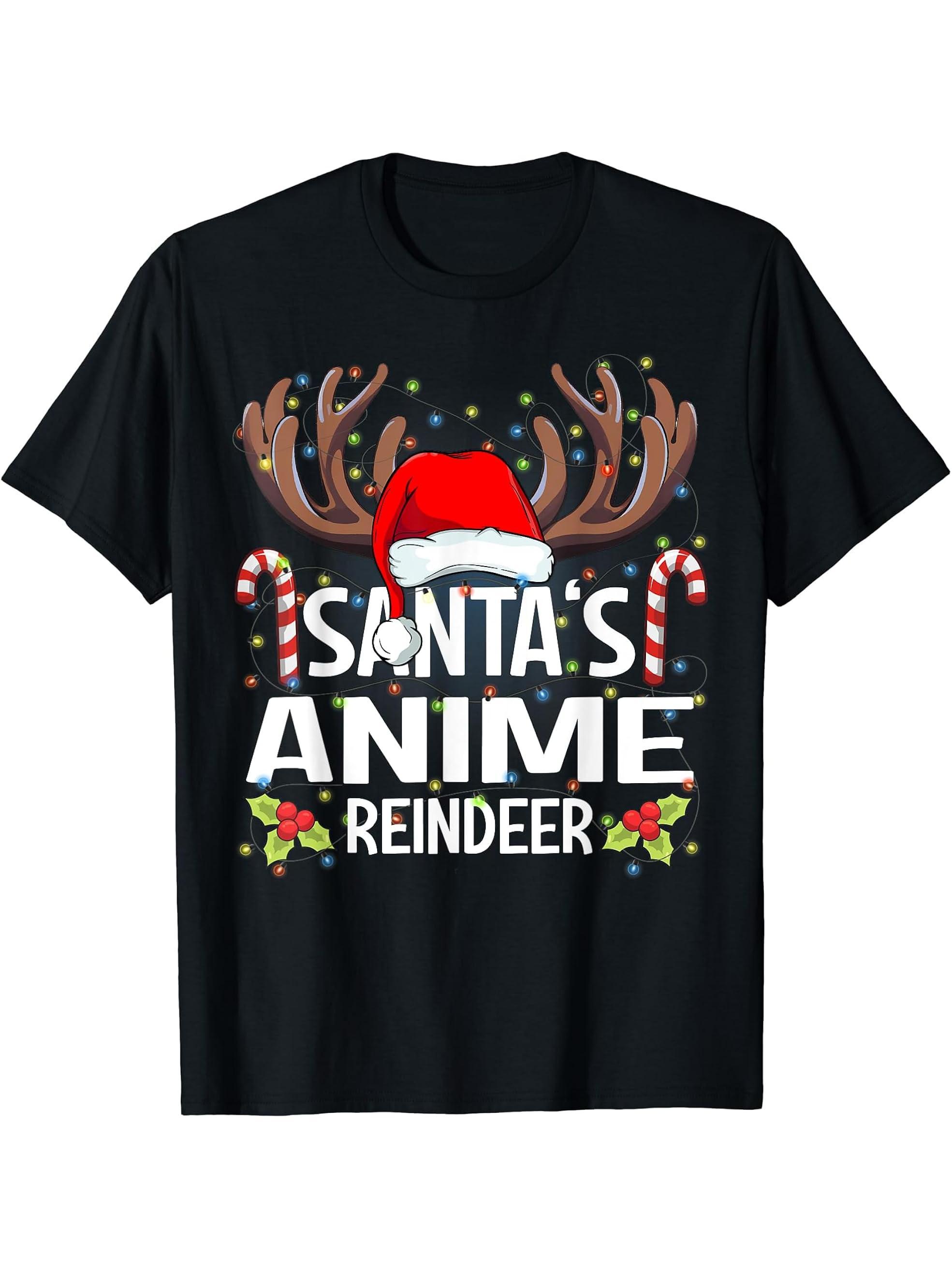 Santa's Anime Reindeer Christmas Pajama T-Shirt 180G 100% Cotton Printed Round Neck Short-Sleeve T-Shirt, Gifts for Men Dad Husband Grandpa, S-XXXL, Black