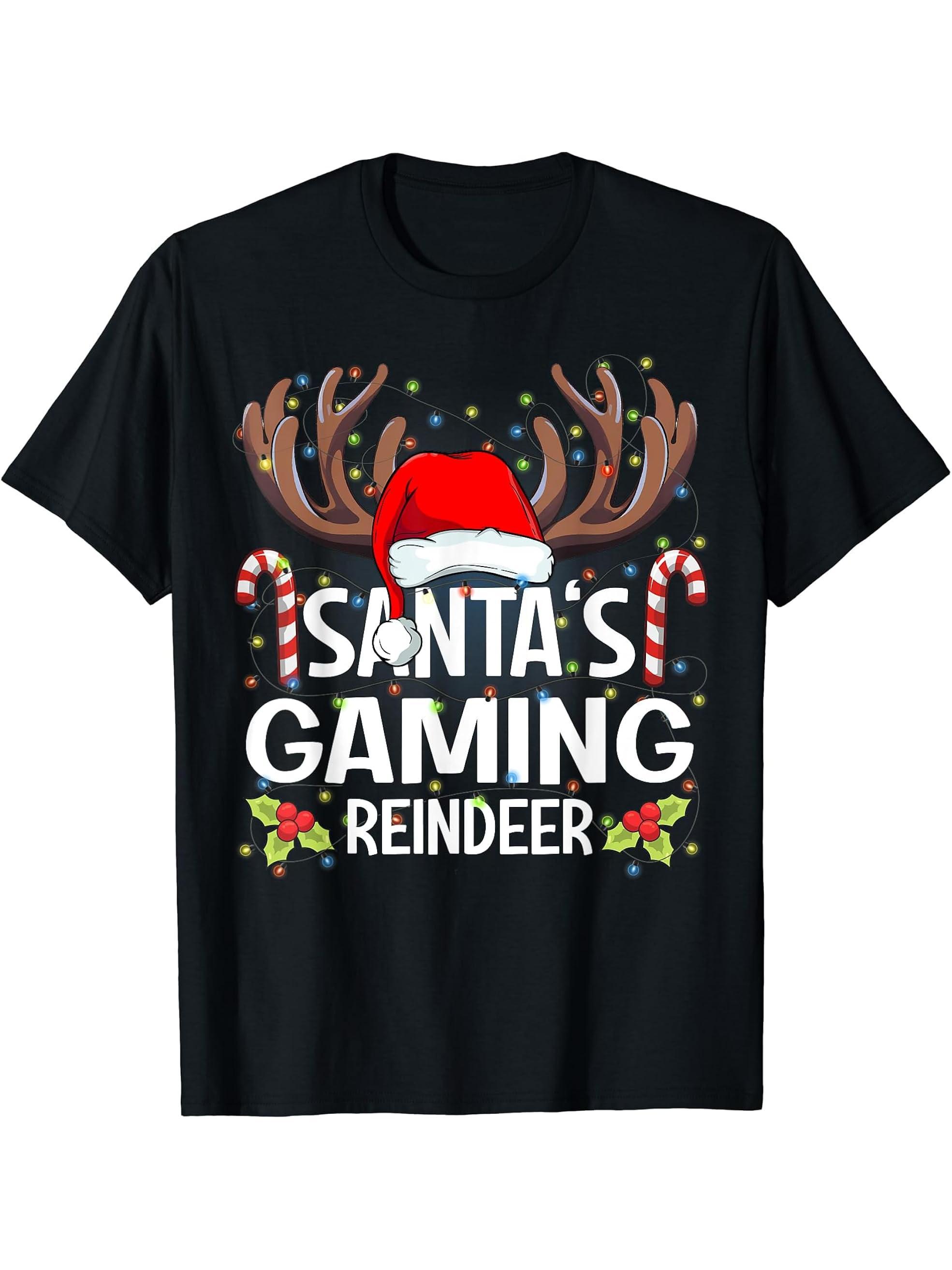 Santa's Gaming Reindeer Christmas Pajama T-Shirt 180G 100% Cotton Printed Round Neck Short-Sleeve T-Shirt, Gifts for Men Dad Husband Grandpa, S-XXXL, Black