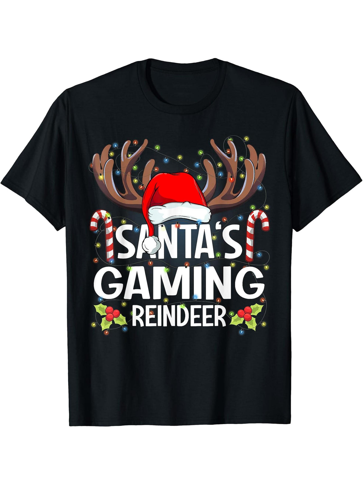 Santa's Gaming Reindeer Christmas Pajama T-Shirt 180G 100% Cotton Printed Round Neck Short-Sleeve T-Shirt, Gifts for Men Dad Husband Grandpa, S-XXXL, Black