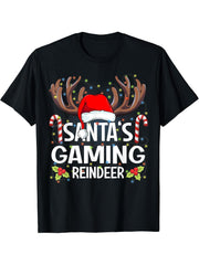 Santa's Gaming Reindeer Christmas Pajama T-Shirt 180G 100% Cotton Printed Round Neck Short-Sleeve T-Shirt, Gifts for Men Dad Husband Grandpa, S-XXXL, Black