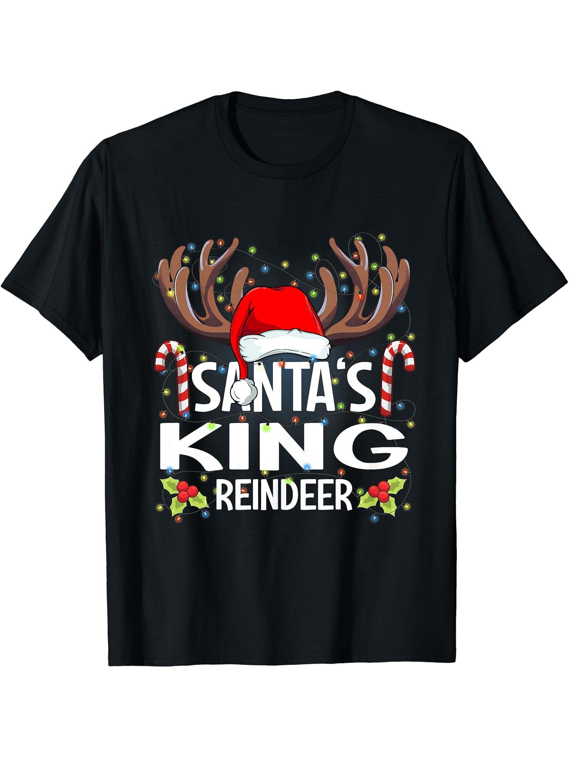 Santa's King Reindeer Christmas Pajama T-Shirt 180G 100% Cotton Printed Round Neck Short-Sleeve T-Shirt, Gifts for Men Dad Husband Grandpa, S-XXXL, Black