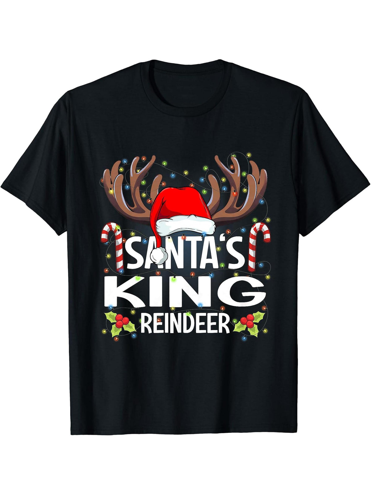 Santa's King Reindeer Christmas Pajama T-Shirt 180G 100% Cotton Printed Round Neck Short-Sleeve T-Shirt, Gifts for Men Dad Husband Grandpa, S-XXXL, Black