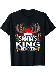 Santa's King Reindeer Christmas Pajama T-Shirt 180G 100% Cotton Printed Round Neck Short-Sleeve T-Shirt, Gifts for Men Dad Husband Grandpa, S-XXXL, Black