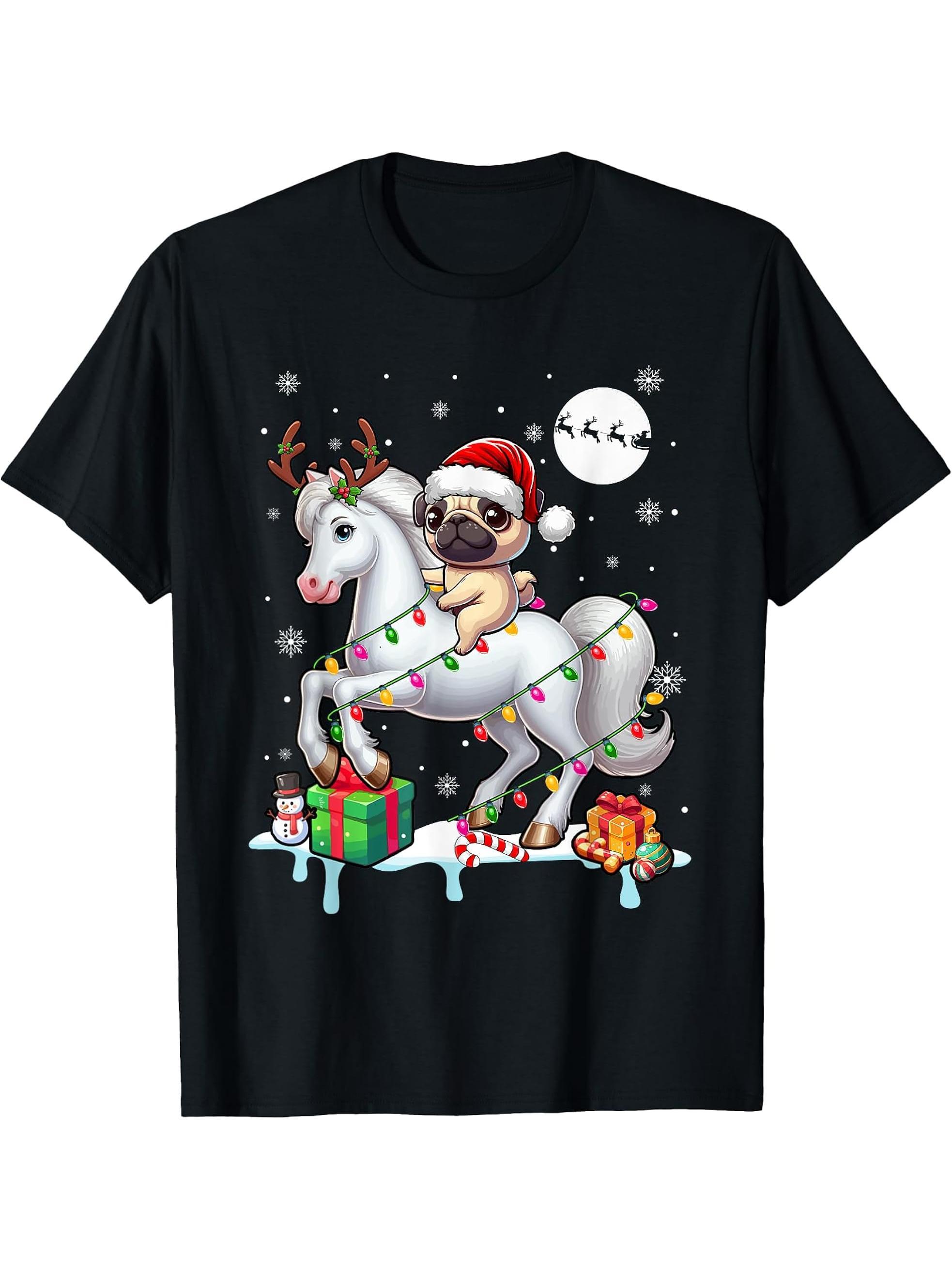 Santa Pug Riding Reindeer Horse Christmas Lights Colorful T-Shirt 180G 100% Cotton Printed Round Neck Short-Sleeve T-Shirt, Gifts for Men Dad Husband Grandpa, S-XXXL, Black