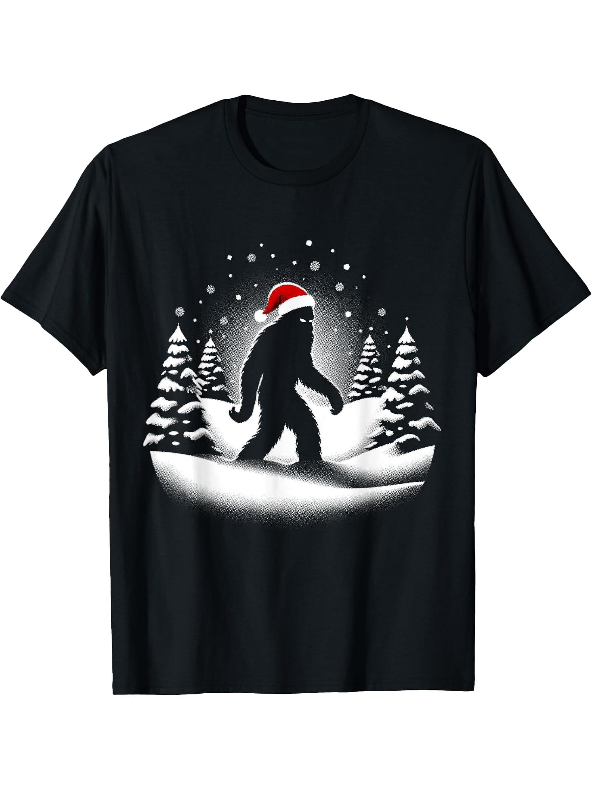 Bigfoot Christmas Sasquatch Santa Hat Christmas Tree Men Boy T-Shirt 180G 100% Cotton Printed Round Neck Short-Sleeve T-Shirt, Gifts for Men Dad Husband Grandpa, S-XXXL, Black