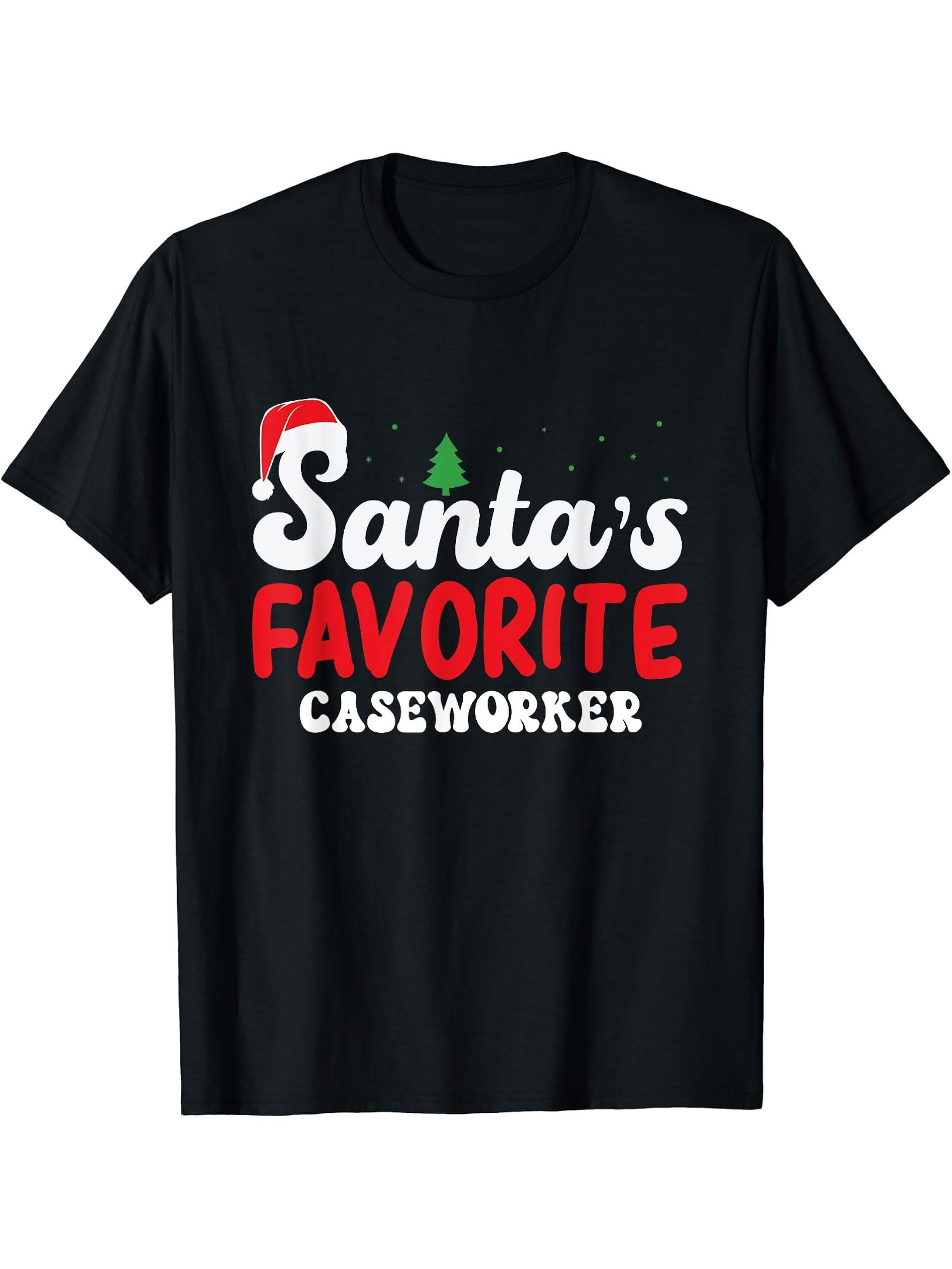 Santa's Favorite Caseworker Christmas Pajamas T-Shirt 180G 100% Cotton Printed Round Neck Short-Sleeve T-Shirt, Gifts for Men Dad Husband Grandpa, S-XXXL, Black