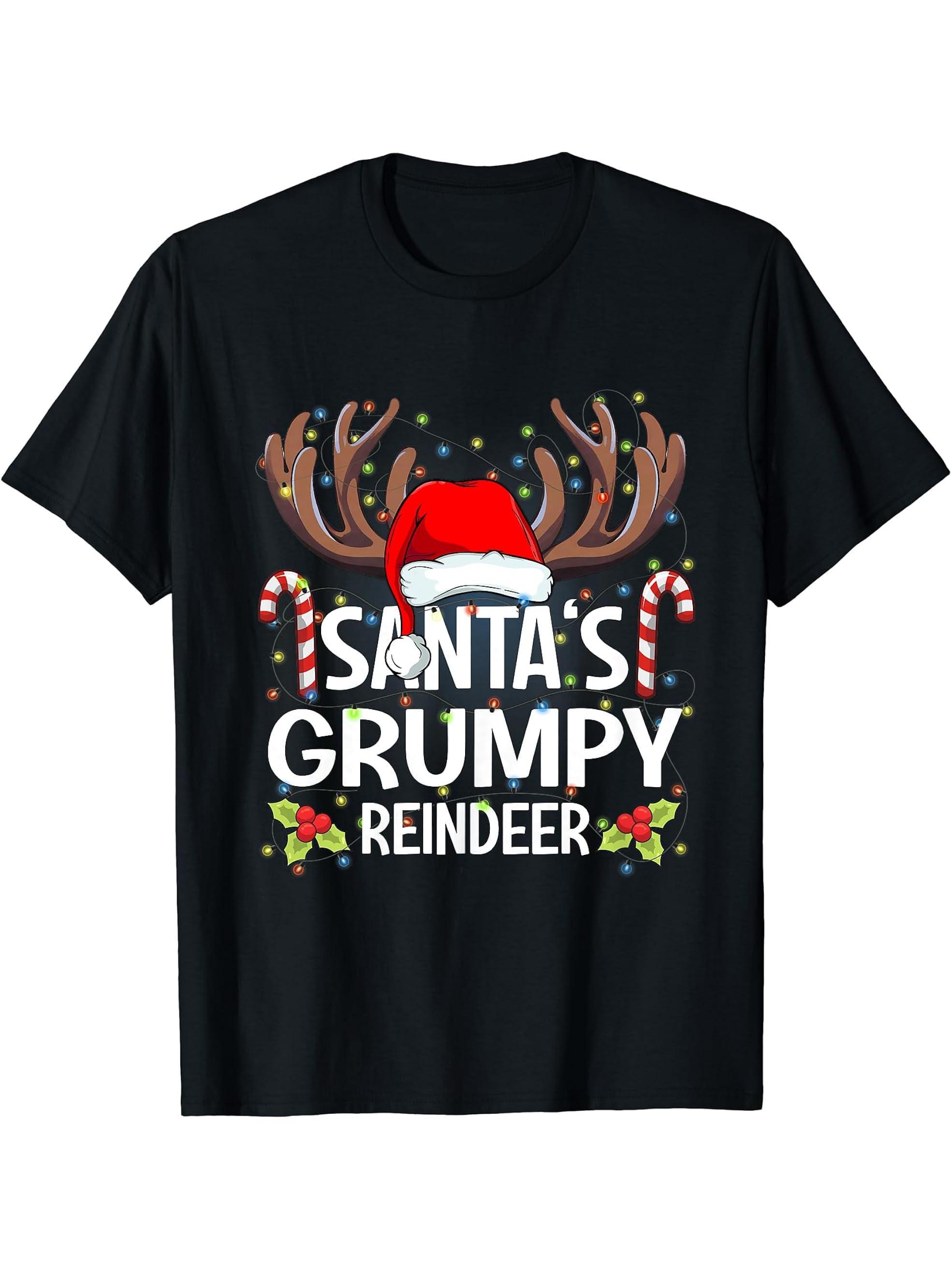 Santa's Grumpy Reindeer Christmas Pajama T-Shirt 180G 100% Cotton Printed Round Neck Short-Sleeve T-Shirt, Gifts for Men Dad Husband Grandpa, S-XXXL, Black