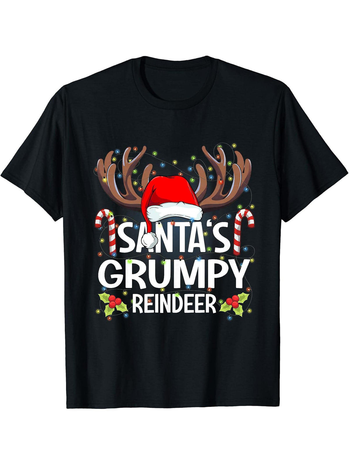 Santa's Grumpy Reindeer Christmas Pajama T-Shirt 180G 100% Cotton Printed Round Neck Short-Sleeve T-Shirt, Gifts for Men Dad Husband Grandpa, S-XXXL, Black