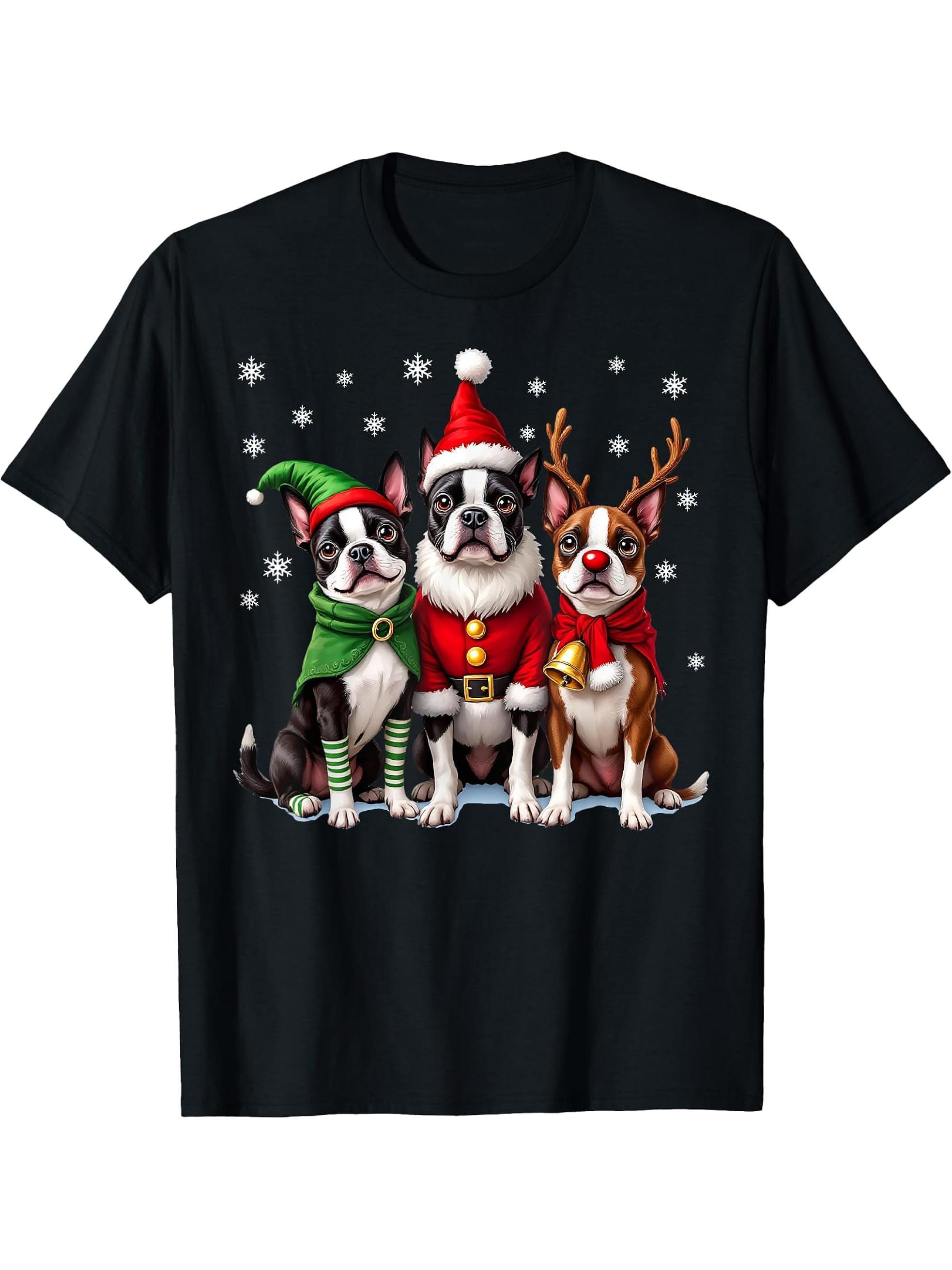 Boston Terrier Christmas Dogs Funny Santa Reindeer Elf T-Shirt 180G 100% Cotton Printed Round Neck Short-Sleeve T-Shirt, Gifts for Men Dad Husband Grandpa, S-XXXL, Black