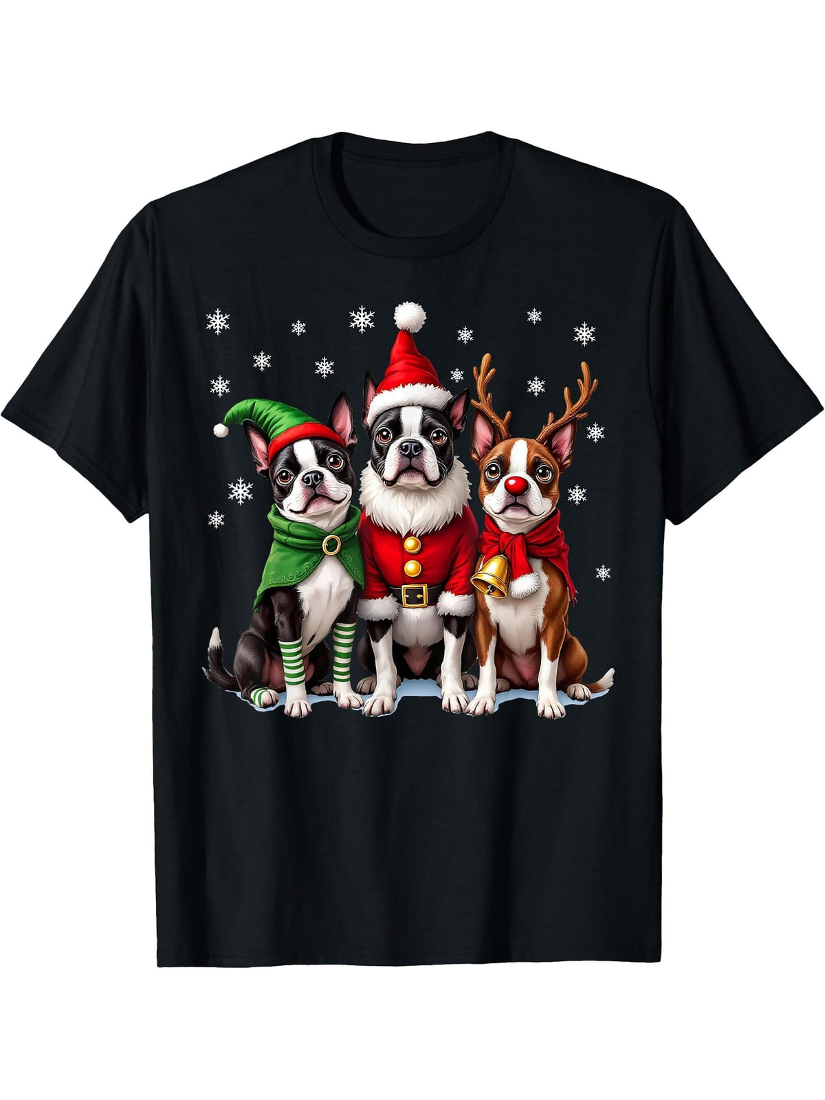 Boston Terrier Christmas Dogs Funny Santa Reindeer Elf T-Shirt 180G 100% Cotton Printed Round Neck Short-Sleeve T-Shirt, Gifts for Men Dad Husband Grandpa, S-XXXL, Black
