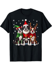 Boston Terrier Christmas Dogs Funny Santa Reindeer Elf T-Shirt 180G 100% Cotton Printed Round Neck Short-Sleeve T-Shirt, Gifts for Men Dad Husband Grandpa, S-XXXL, Black
