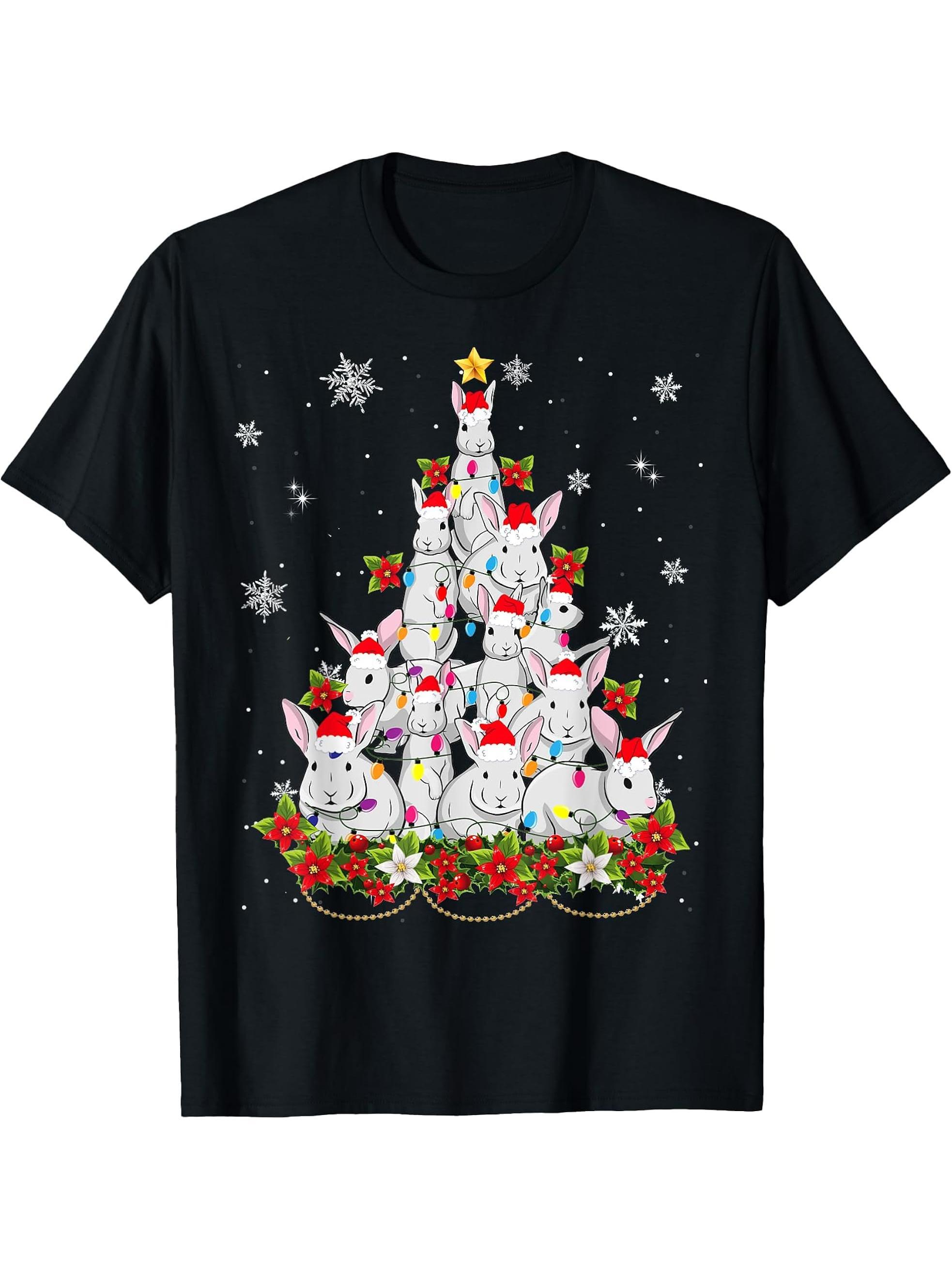 Santa Rabbit Bunny Christmas Tree Ornament Decor Gifts T-Shirt 180G 100% Cotton Printed Round Neck Short-Sleeve T-Shirt, Gifts for Men Dad Husband Grandpa, S-XXXL, Black