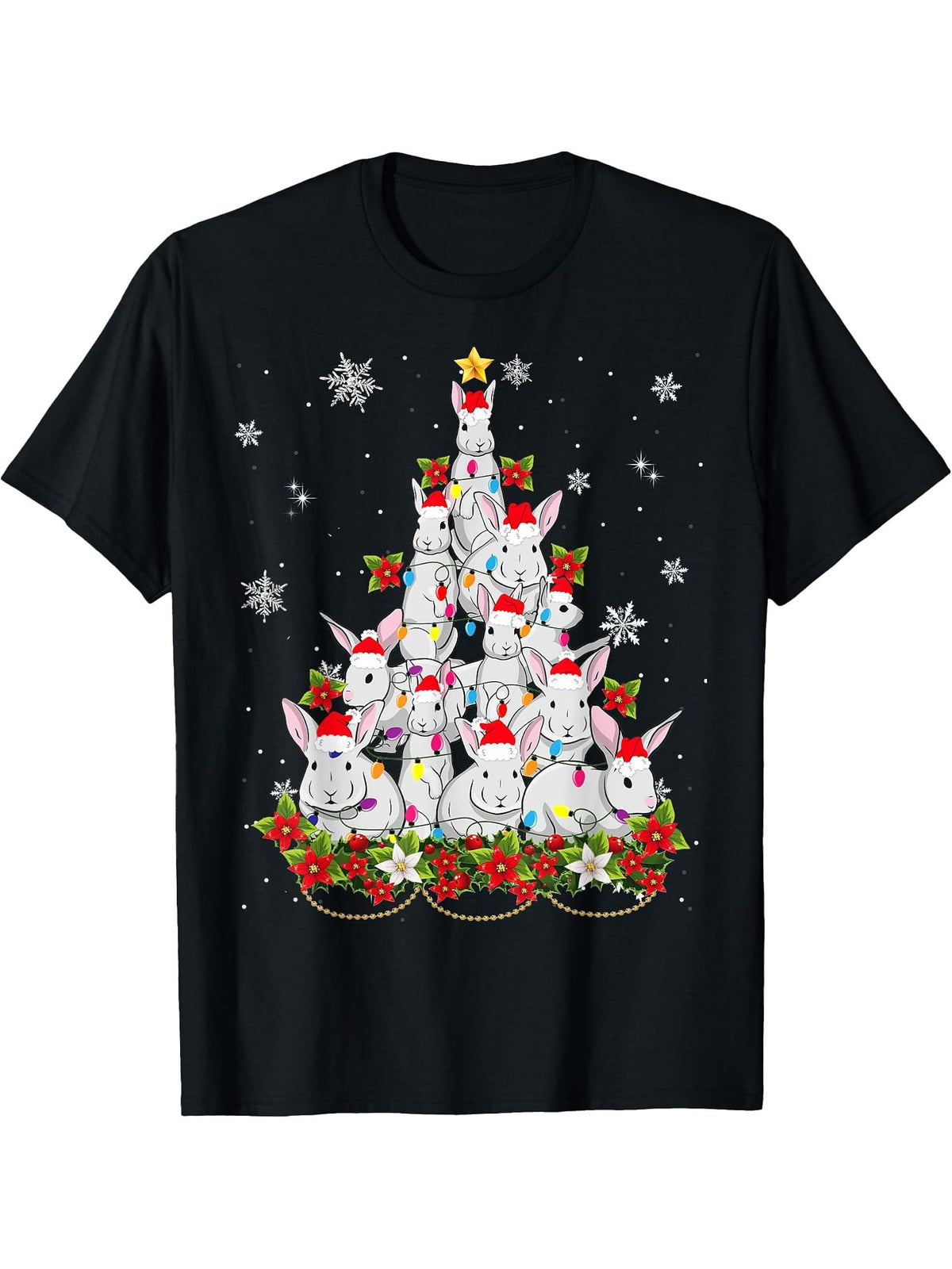 Santa Rabbit Bunny Christmas Tree Ornament Decor Gifts T-Shirt 180G 100% Cotton Printed Round Neck Short-Sleeve T-Shirt, Gifts for Men Dad Husband Grandpa, S-XXXL, Black