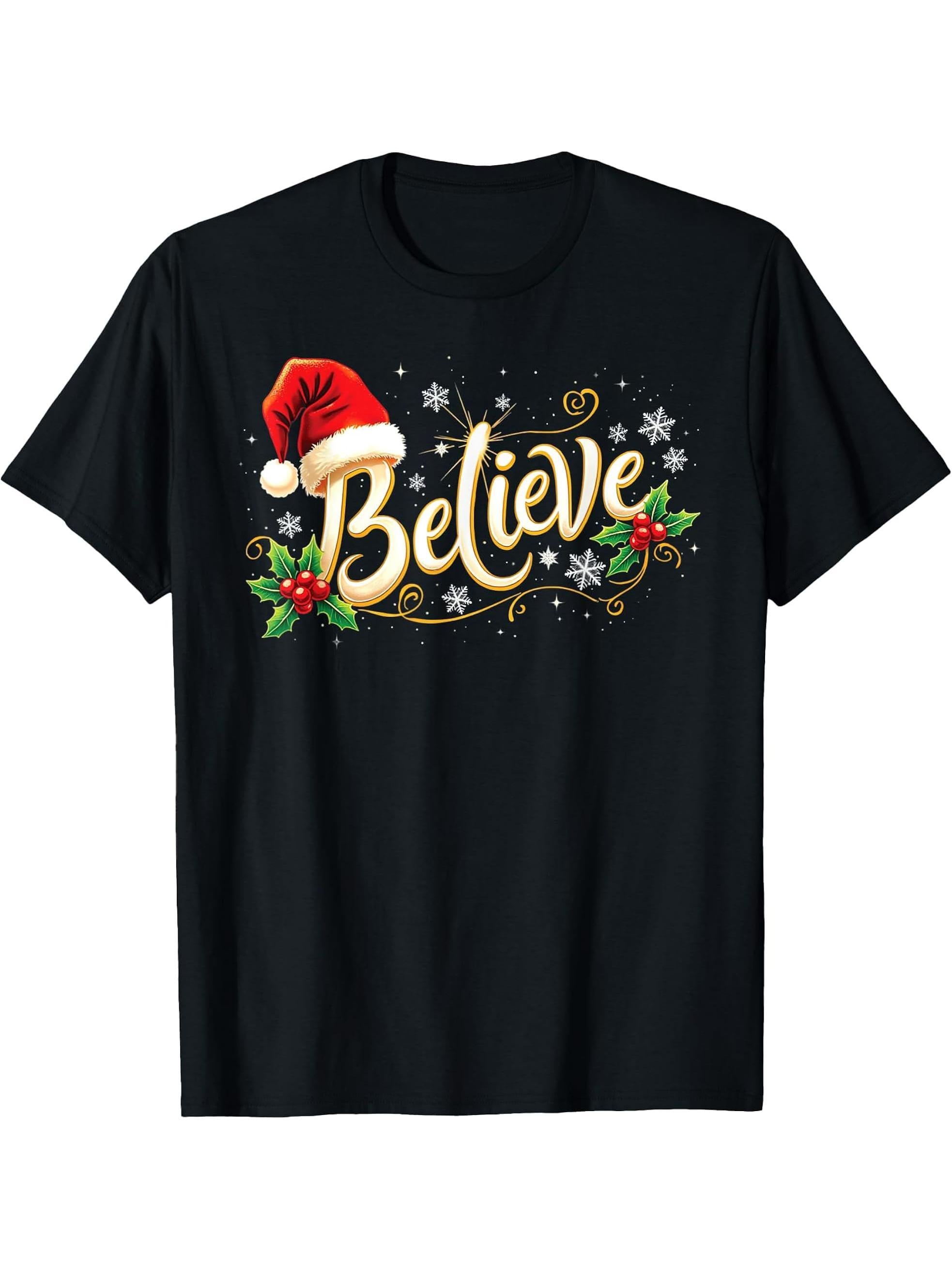Christmas Believe Santa Claus Believe Christmas T-Shirt 180G 100% Cotton Printed Round Neck Short-Sleeve T-Shirt, Gifts for Men Dad Husband Grandpa, S-XXXL, Black