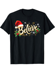 Christmas Believe Santa Claus Believe Christmas T-Shirt 180G 100% Cotton Printed Round Neck Short-Sleeve T-Shirt, Gifts for Men Dad Husband Grandpa, S-XXXL, Black