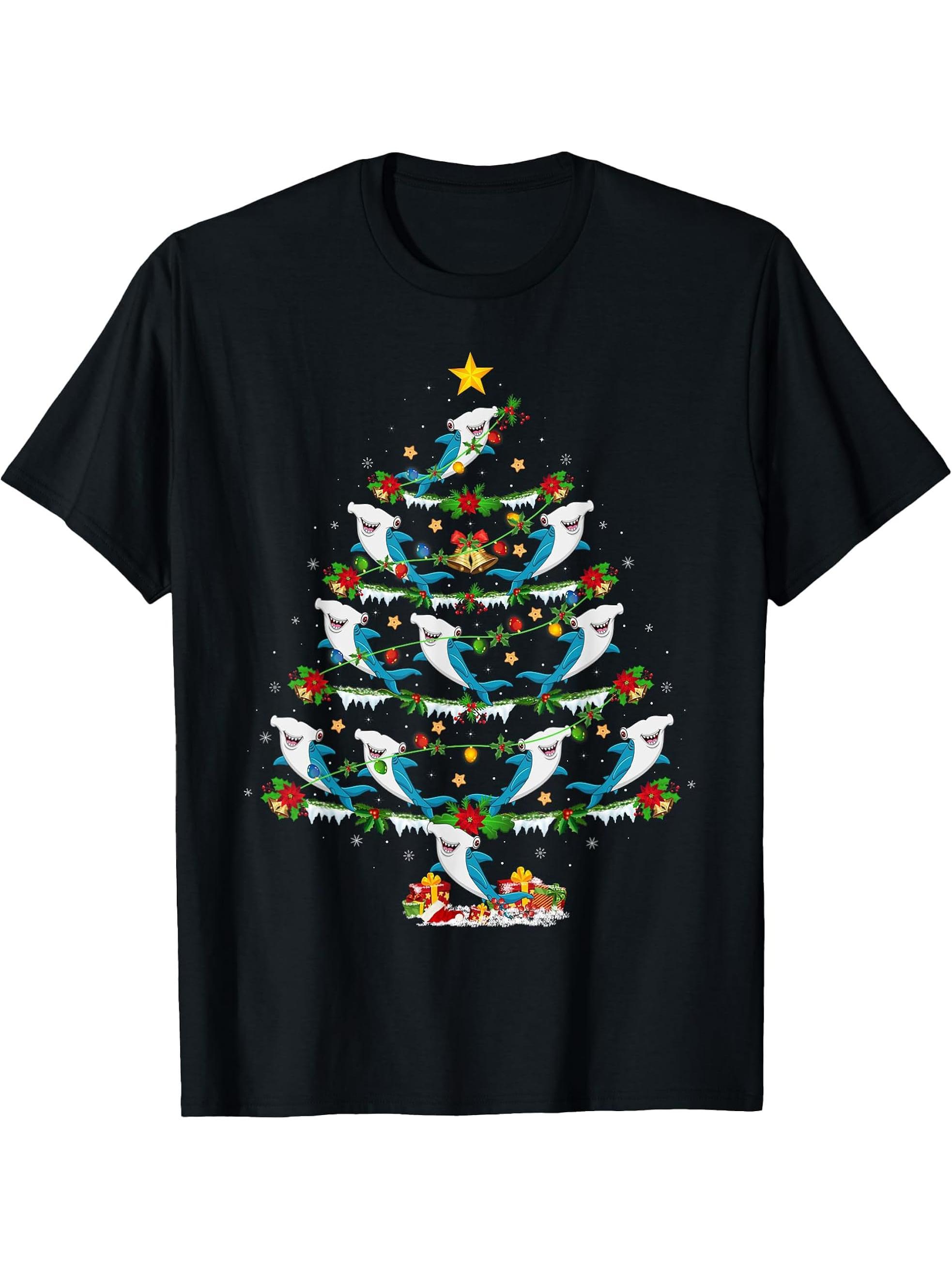 Xmas Lights Santa Hammerhead Shark Christmas Tree T-Shirt 180G 100% Cotton Printed Round Neck Short-Sleeve T-Shirt, Gifts for Men Dad Husband Grandpa, S-XXXL, Black