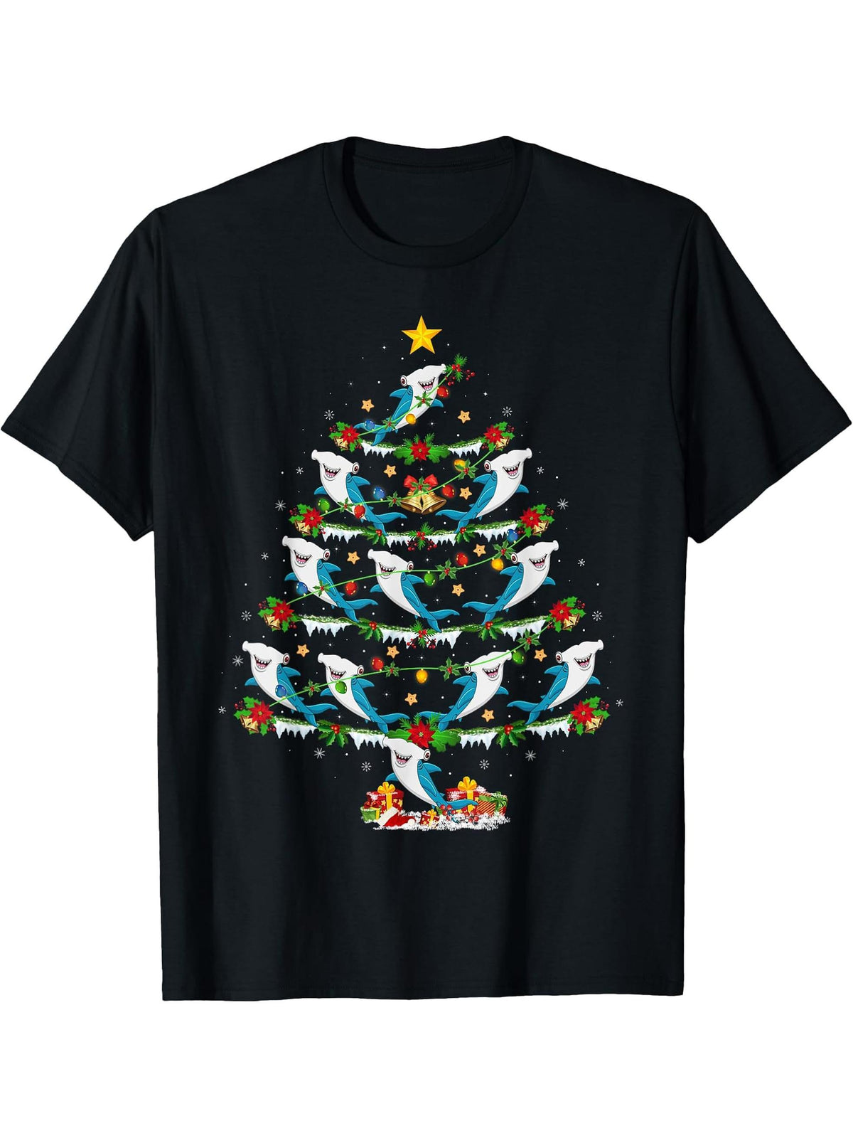 Xmas Lights Santa Hammerhead Shark Christmas Tree T-Shirt 180G 100% Cotton Printed Round Neck Short-Sleeve T-Shirt, Gifts for Men Dad Husband Grandpa, S-XXXL, Black