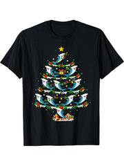Xmas Lights Santa Hammerhead Shark Christmas Tree T-Shirt 180G 100% Cotton Printed Round Neck Short-Sleeve T-Shirt, Gifts for Men Dad Husband Grandpa, S-XXXL, Black