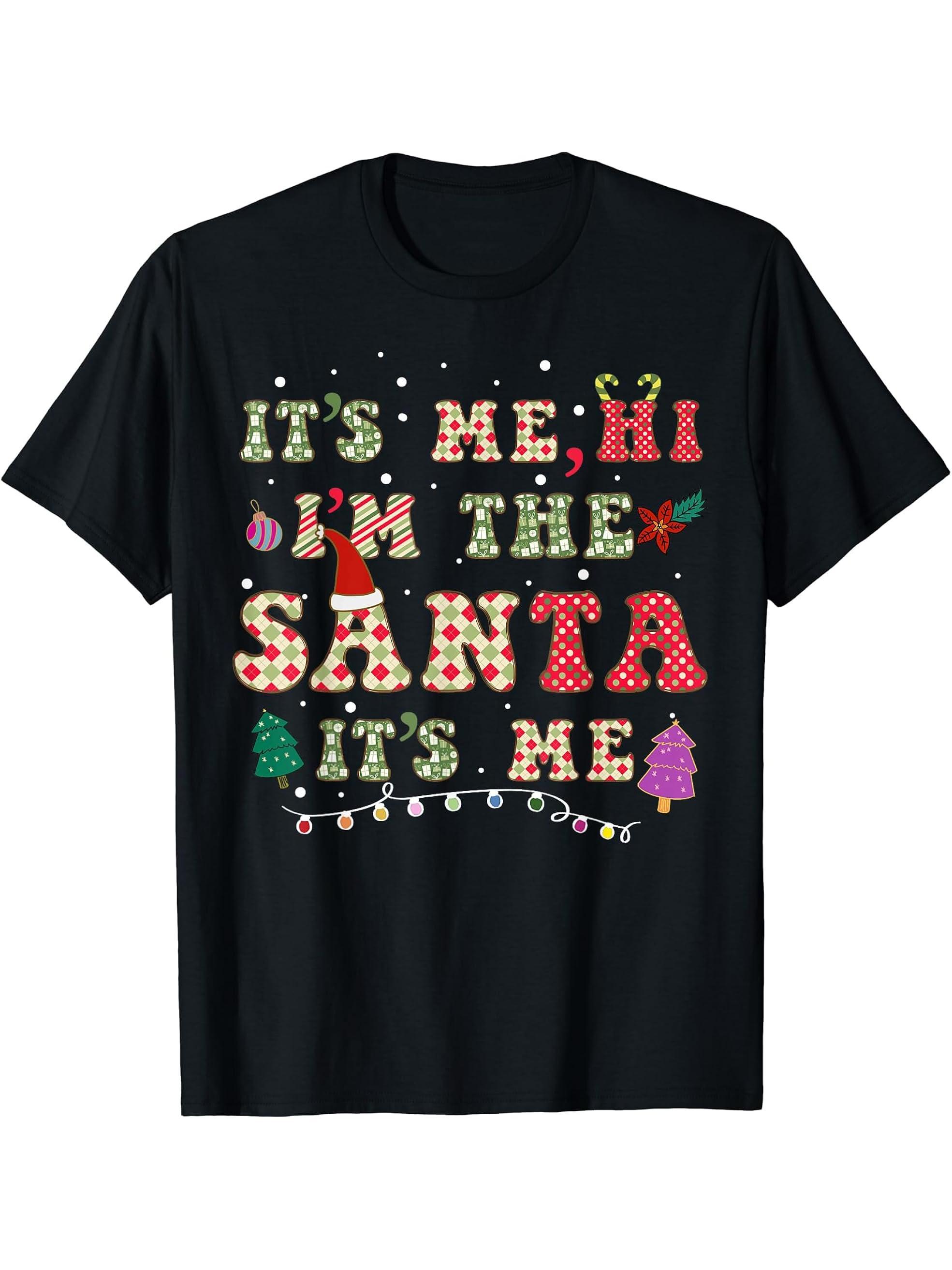It's Me, Hi, I'm The Santa Its Me Christmas Santa Hat Funny T-Shirt 180G 100% Cotton Printed Round Neck Short-Sleeve T-Shirt, Gifts for Men Dad Husband Grandpa, S-XXXL, Black