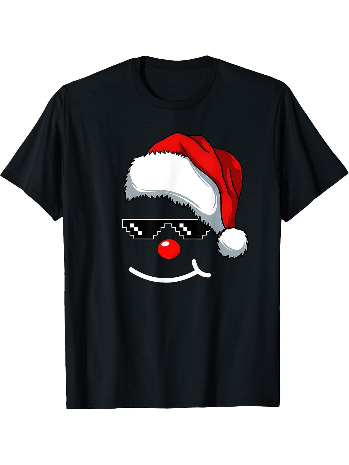 Funny Thug Life Meme Smile Face Christmas Santa Hat Pajama T-Shirt 180G 100% Cotton Printed Round Neck Short-Sleeve T-Shirt, Gifts for Men Dad Husband Grandpa, S-XXXL, Black