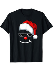 Funny Thug Life Meme Smile Face Christmas Santa Hat Pajama T-Shirt 180G 100% Cotton Printed Round Neck Short-Sleeve T-Shirt, Gifts for Men Dad Husband Grandpa, S-XXXL, Black