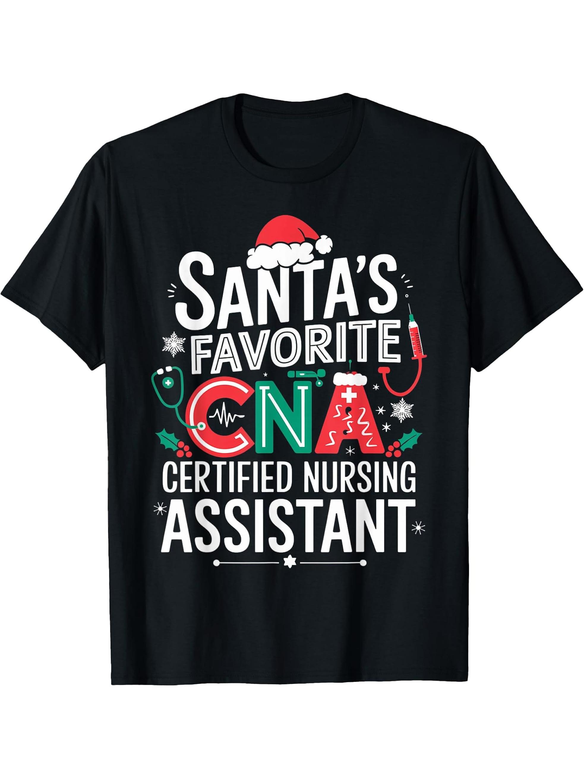 Santa's Favorite CNA Certified Nursing Assistant T-Shirt 180G 100% Cotton Printed Round Neck Short-Sleeve T-Shirt, Gifts for Men Dad Husband Grandpa, S-XXXL, Black