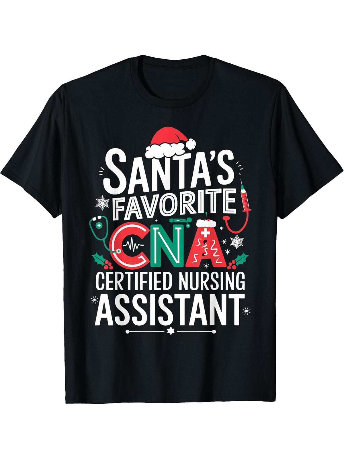 Santa's Favorite CNA Certified Nursing Assistant T-Shirt 180G 100% Cotton Printed Round Neck Short-Sleeve T-Shirt, Gifts for Men Dad Husband Grandpa, S-XXXL, Black