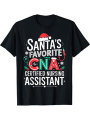 Santa's Favorite CNA Certified Nursing Assistant T-Shirt 180G 100% Cotton Printed Round Neck Short-Sleeve T-Shirt, Gifts for Men Dad Husband Grandpa, S-XXXL, Black